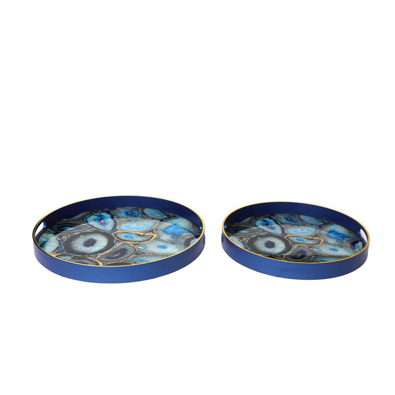 Akasya 2 piece Glass Decoration Tray for Living Room Decor, Agate Design Round Plastic Serving Tray, Blue