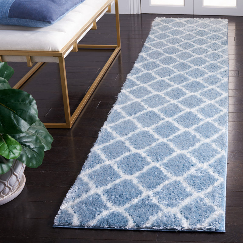 Tapis géométrique bleu / blanc, Tapis de couloir 2 pi x 9 pi