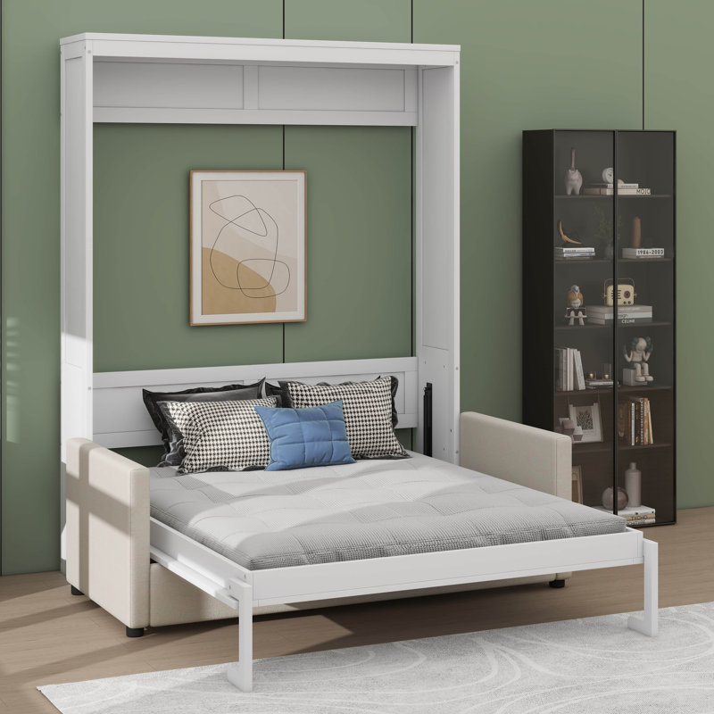 Lit escamotable double pleine grandeur avec coussin, Blanc, Double