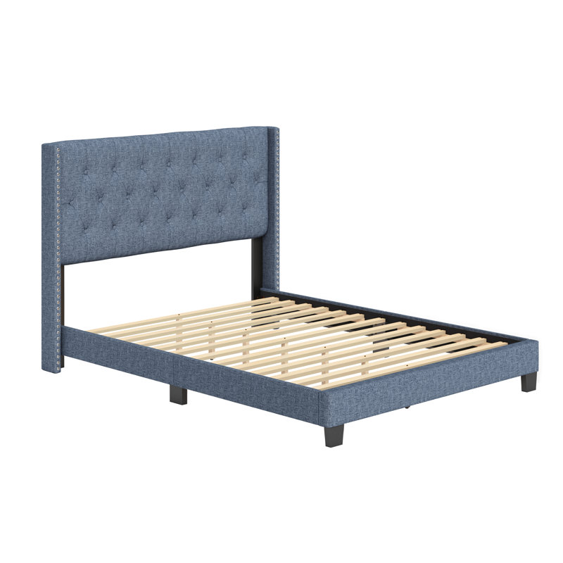 Base de lit en lin Boyd Sleep Mia avec tête de lit capitonnée, aucun sommier requis, Roi, bleu