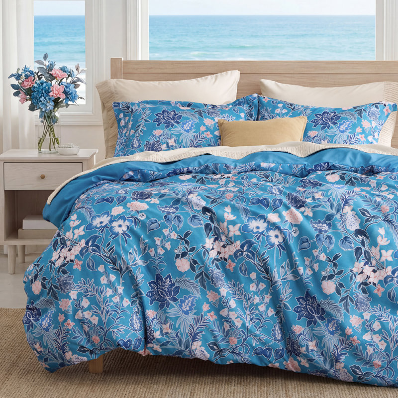 Bedsure Reversible Cute Flower Patterned Bedding Duvet Cover, King Duvet Cover + 2 Shams, Blue Elegance