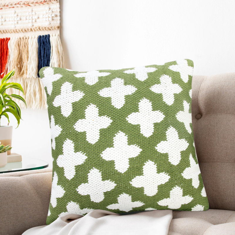 Green and White Woven Geometric Cotton Throw Pillow, 20" Square