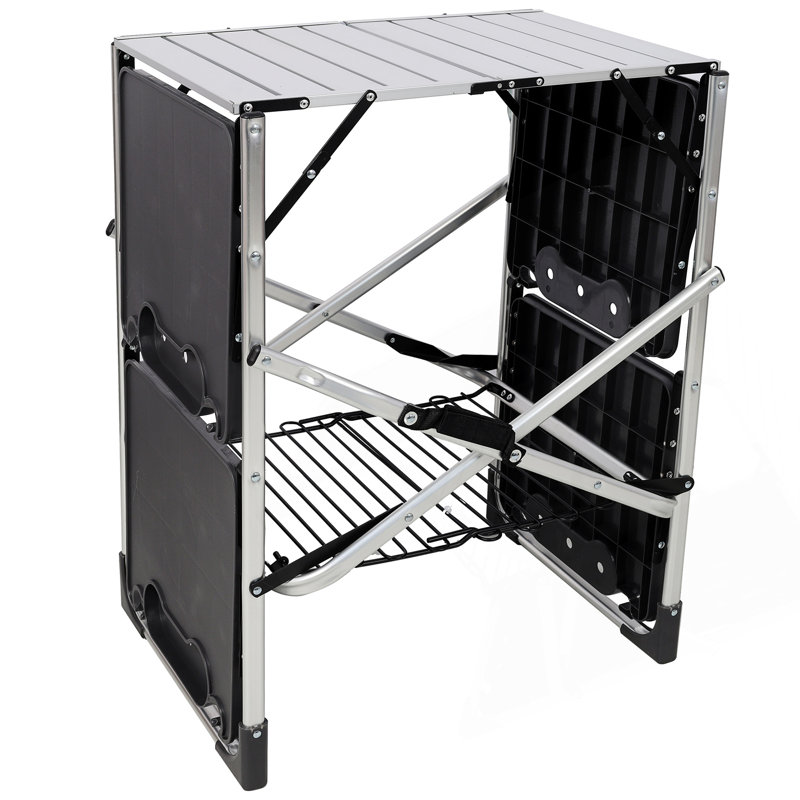 Table de cuisine de camping pliante - Station de cuisson extérieure portable avec plateau résistant à la chaleur, 4 tables d'appoint, support de rangement et lampadaire pour les pique-niques et les voyages en camping
