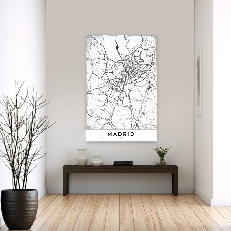 Madrid Spain Road Map Retro Vintage Abstract City Wall Art Print 1 Piece Wrapped Canvas Wall Art, 152.4cm H x 101.6cm W