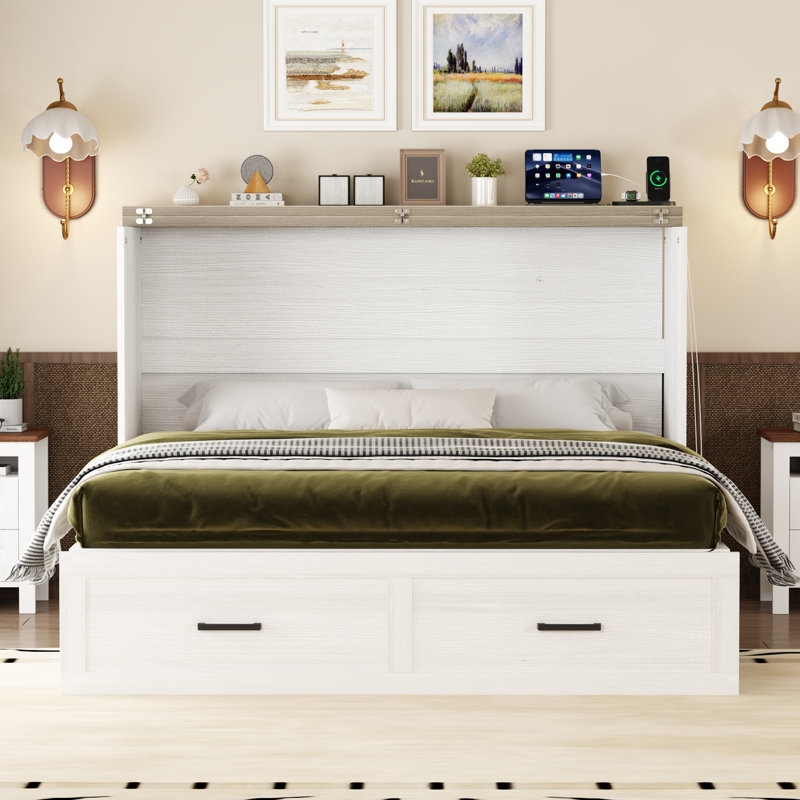 Armoire-lit escamotable pliable avec station de charge, Grey, Double