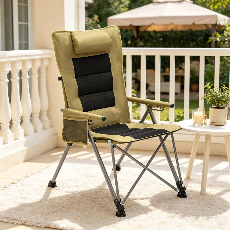 5-position Adjustable Reclining Camping Chair, Portable Outdoor Chair With Side Pocket & Carry Bag, Heavy Duty Design, Green