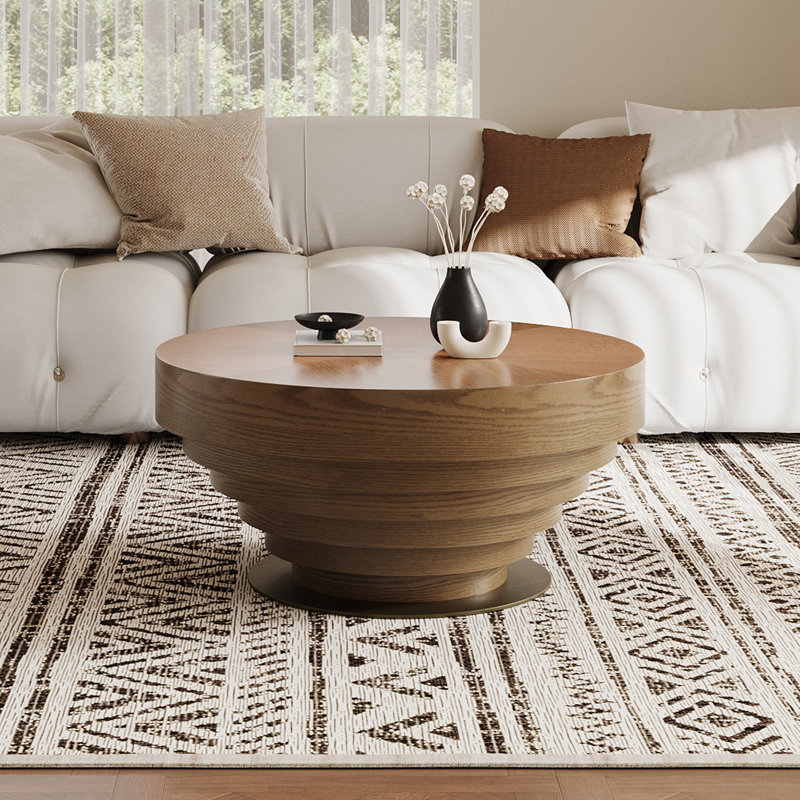 Table basse ronde de 35 po en forme de tambour, table basse en bois avec châssis en acier au carbone