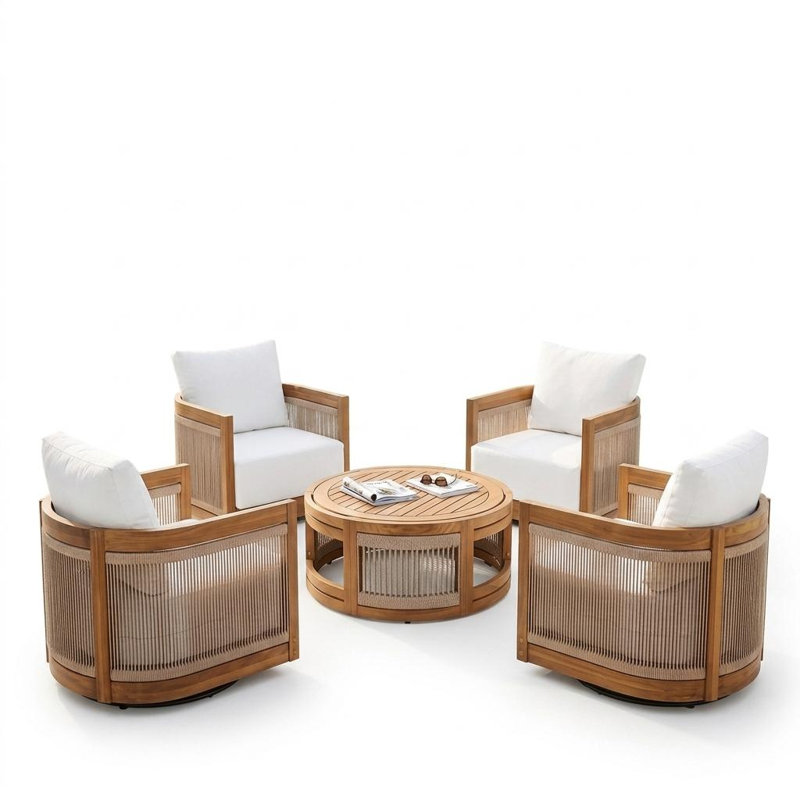 Ensemble de conversation en bois d'acacia Helix Modern Coastal, Beige, 5 pièces: table, 4 chaises pivotantes