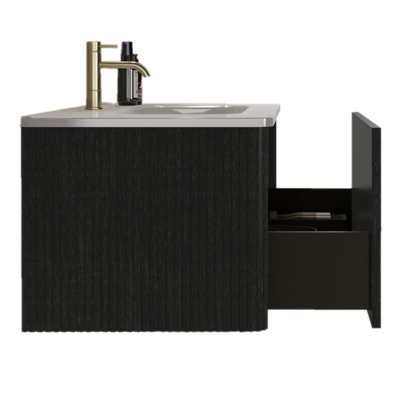Modern 36" Bathroom Vanity - Striped Brushed Black Oak, White Ceramic Sink, Practical Fixture Pre-Assembled Vanity: With Fashionable Oak & Glossy Sink