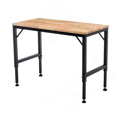 Établi réglable robuste de 48 po pour le garage, table d'atelier en bois d'hévéa avec patins en caoutchouc, poste de travail en bois franc, capacité de poids de plus de 2000 lb