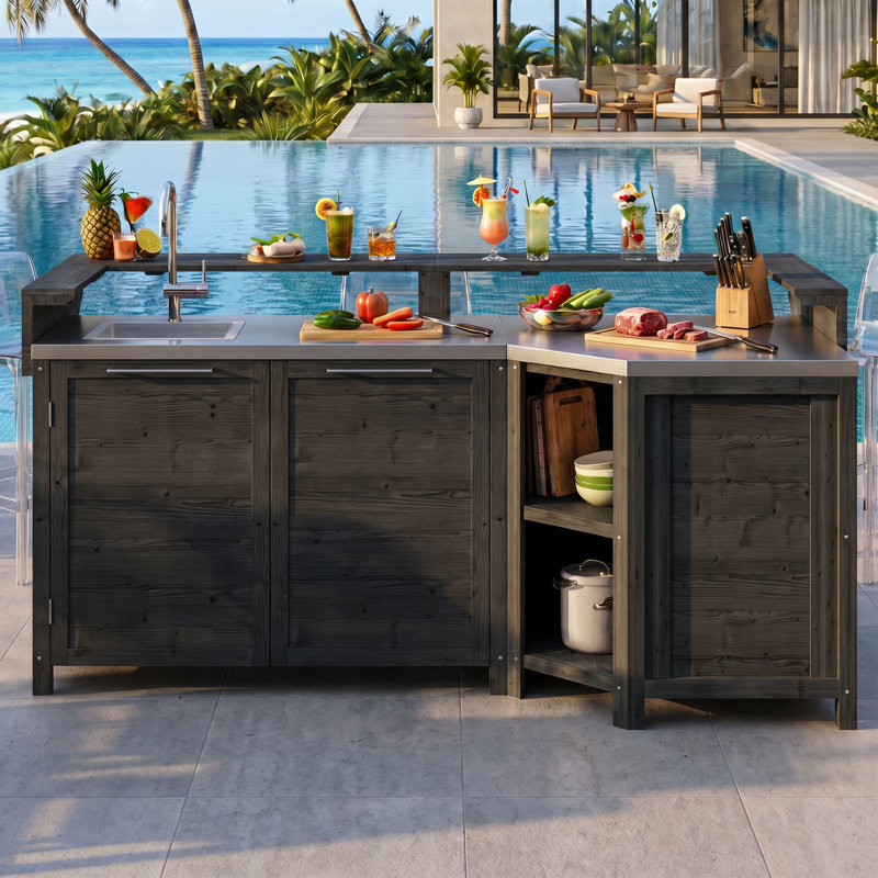 Ensemble de cuisine modulaire pour l'extérieur | Bois de cèdre, comptoir en acier inoxydable, base de lavabo et armoires de rangement