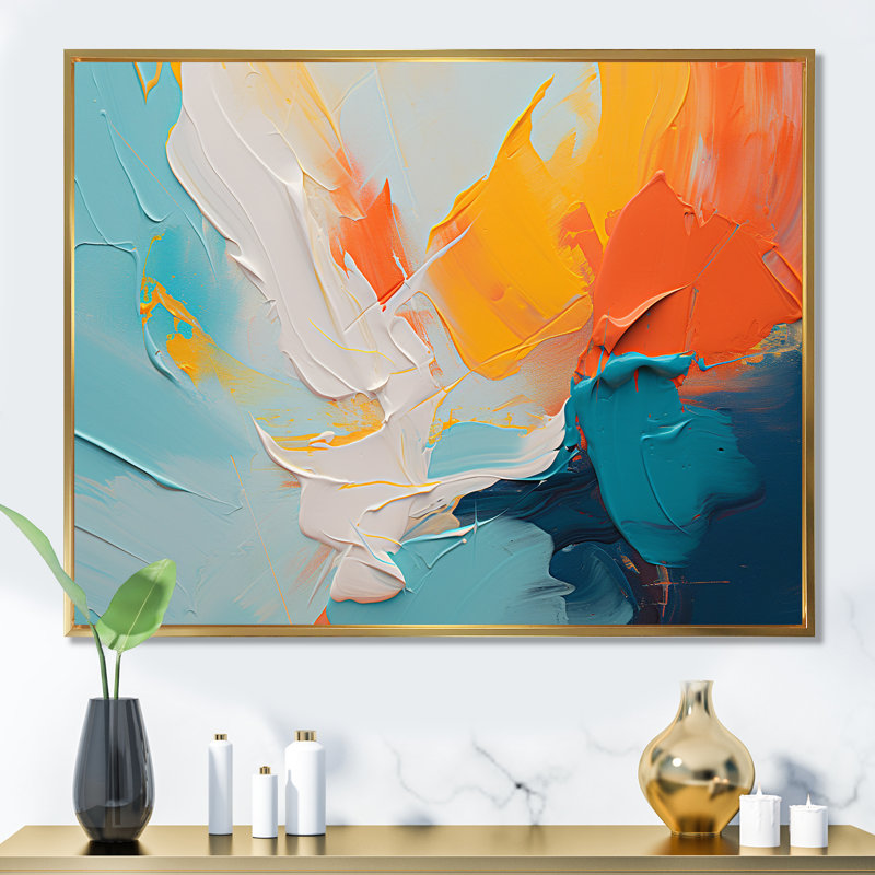 «Blue and Orange Paint Expression 2», art mural abstrait, Cadre d'angle fermé noir, H 34 po x l 44 po x P 1,5 po
