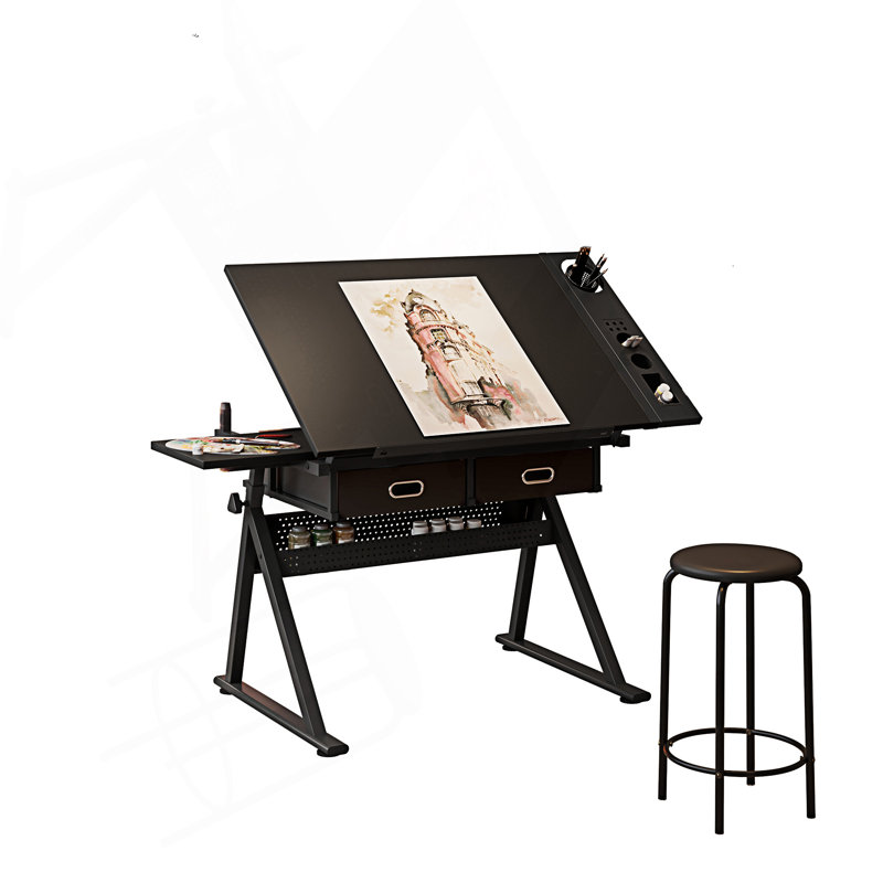 Table de dessin réglable avec 2 tiroirs et tabouret, Noir