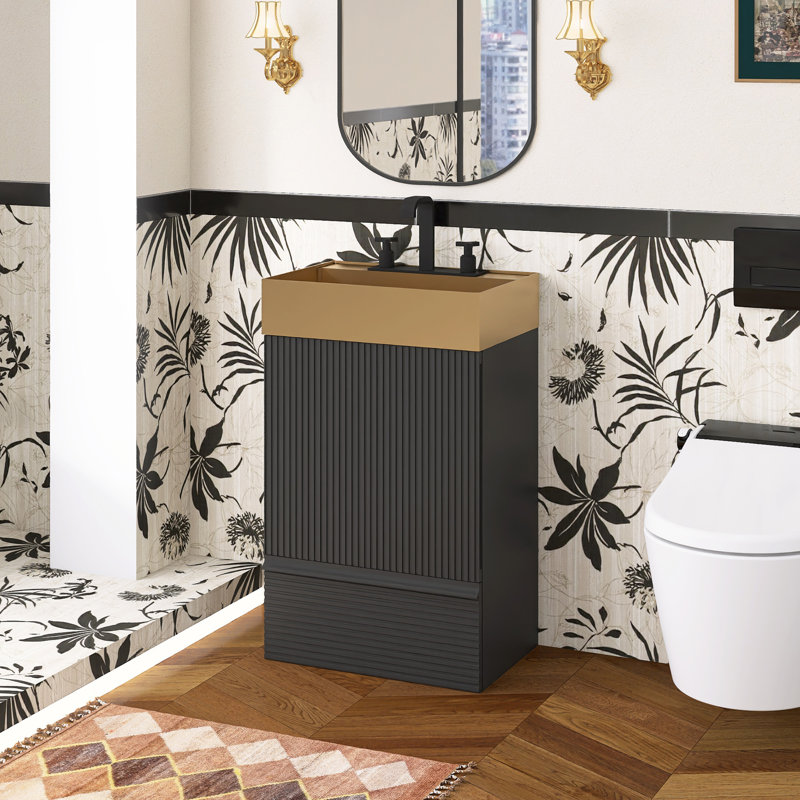 Meuble-lavabo autoportant de 20,1 po avec plateau en acier inoxydable, Black