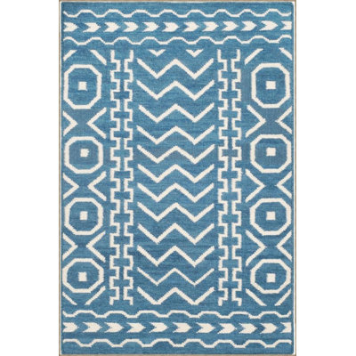 Geometric Blue Themed Woven Base Washable Carpet