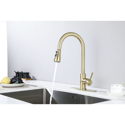 Robinet de cuisine en or brossé avec douchette rétractable, dextérité en acier inoxydable, buse rotative à 360 degrés, présentation de la corrosion et de la rouille, chatoiement audité à poignée simple, trié, testé