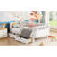 Lit simple blanc pour et, avec beaucoup de rangement, tête de lit à profil bas, une belle plateforme de sommeil, design, avec clôture à tiroirs de rangement, différents styles de pièces