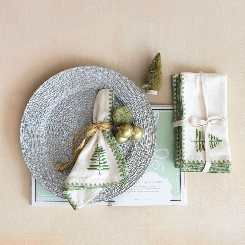 Cotton Napkins With Embroidered Tree And Edge