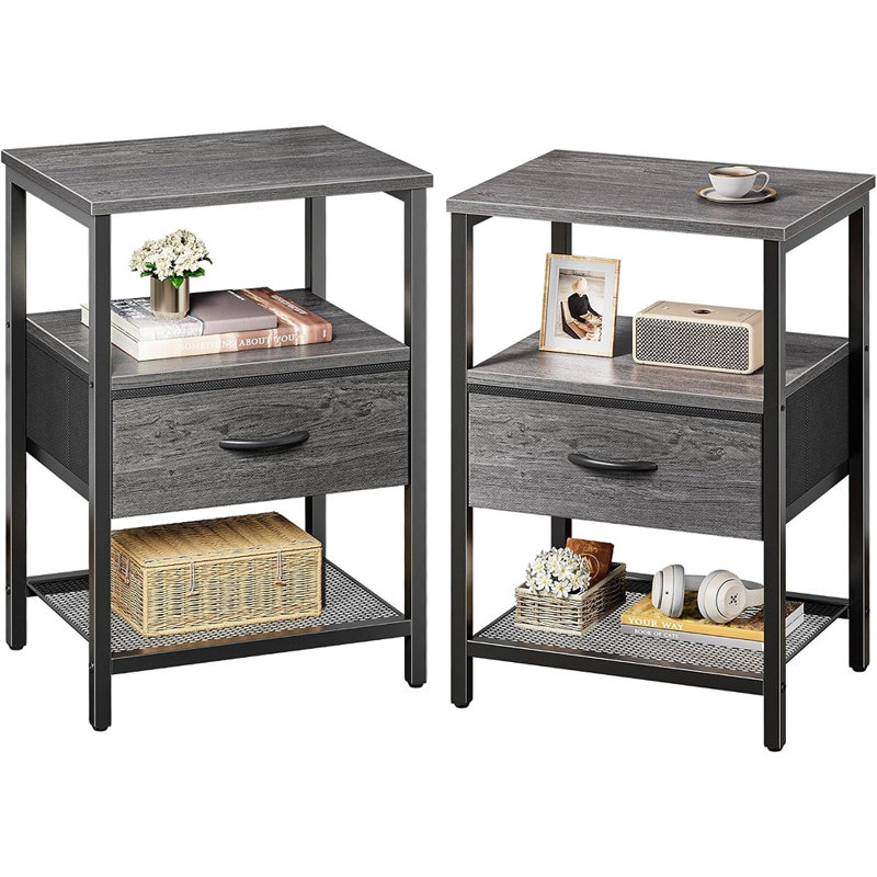 Ensemble de 2 tables de chevet avec tiroir en tissu, étagère en maille et structure en métal – Gris