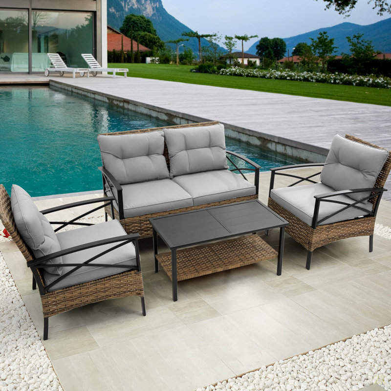 Ensemble de canapé de conversation modulaire à patio 4 pièces avec canapé d'extérieur KD Rattan Wicker, Gris