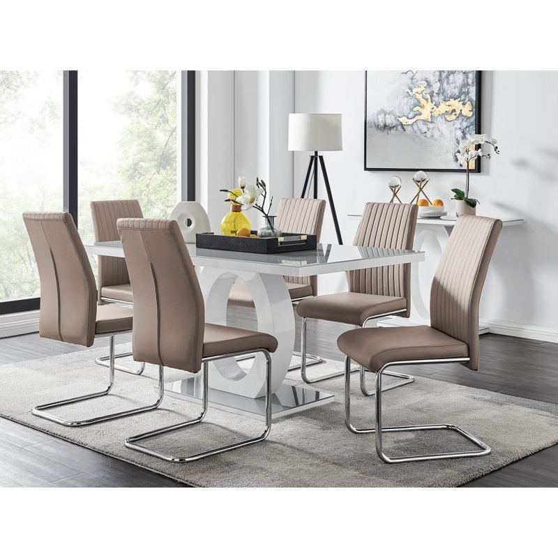 Scottsmoor Modern High Gloss Halo 6 Seater Dining Table Set with Luxury Faux Leather Dining Chairs, Cappuccino Beige