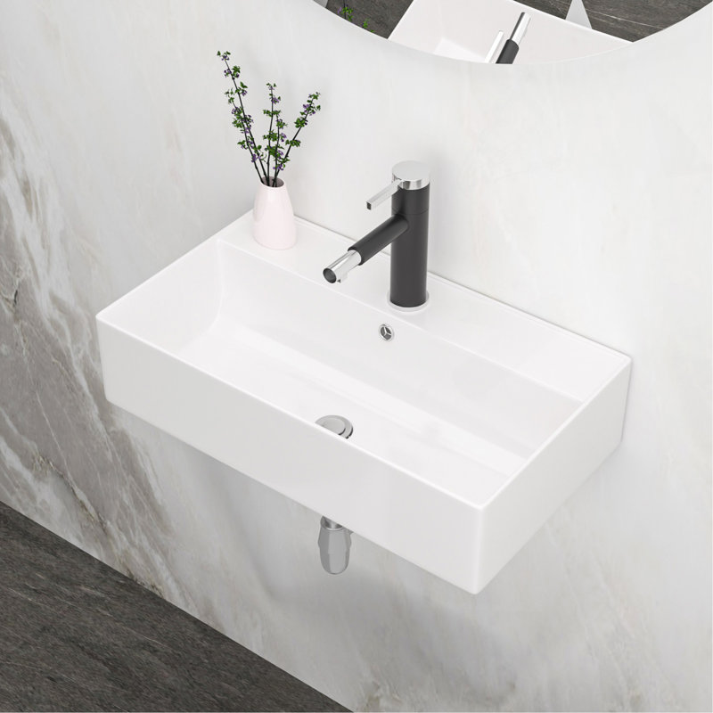 Lavabo de salle de bain mural rectangulaire en céramique blanche 21 po x 12 po avec trou de robinet simple et trop-plein