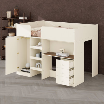 Lit mezzanine en bois avec garde-robe intégrée, bureau, tablettes de rangement et tiroirs