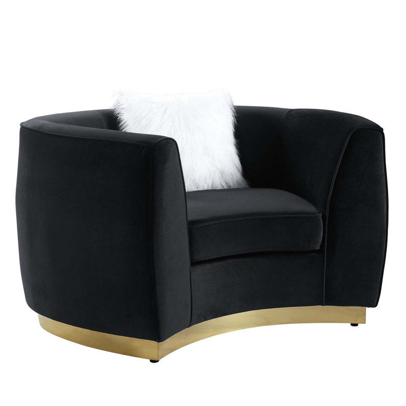 Elegant Flared Black Velvet Armchair with Brass Base