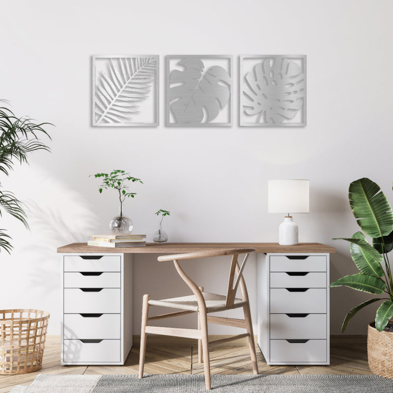 Ensemble de 3 décorations murales feuille, H 24 po x l 24 po x P 0,12 po, Argent