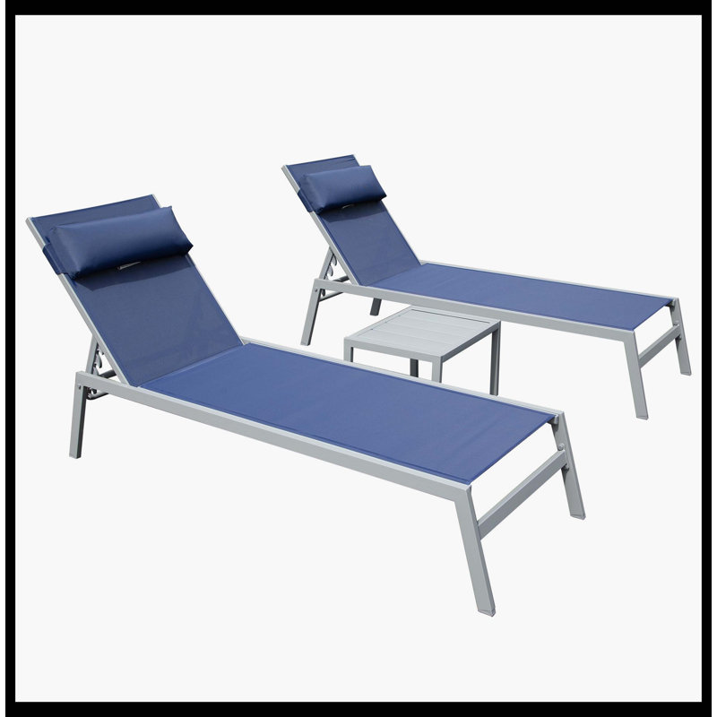 Patio Chaise Lounge Set Of 3, Rust-Resistant Aluminum Pool Lounge Chairs With Detachable Side Table, Outdoor Adjustable Recliners With All-Weather Fabric For Poolside, Beach, Yard & Balcony (Navy Blue)