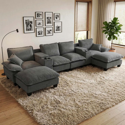 Canapé gris modulaire pour voilier en forme de U avec 2 consoles centrales de rangement, porte-gobelets, port USB, 2 repose-pieds et 2 coussins, tissu en chenille pour appartement et salon
