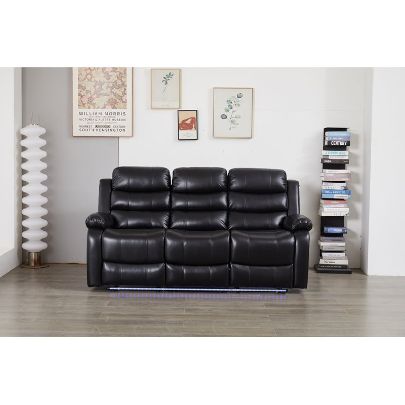 Faux Leather Manual Reclining Sofa with LED Lights With Drop Down Table, Black
