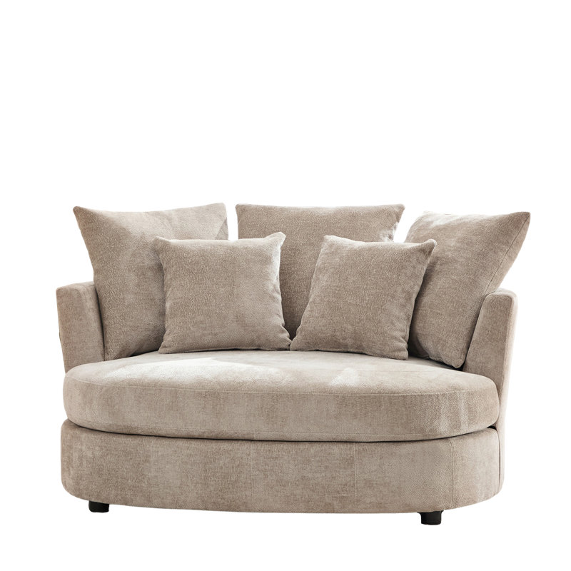 55.12" W Upholstered Slipcovered Barrel Accent Chair With 5 Side Pillows Chenille, Wheat