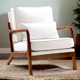 Fauteuil Mid-Century moderne avec coussin lombaire, fauteuils de détente, fauteuil de lecture confortable en tissu de lin avec structure en bois pour le salon, la chambre à coucher