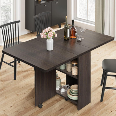 Folding Dining Table, Drop Leaf Dining Table With 6 Wheels And 2-Layer Storage Shelf by Yuan Home