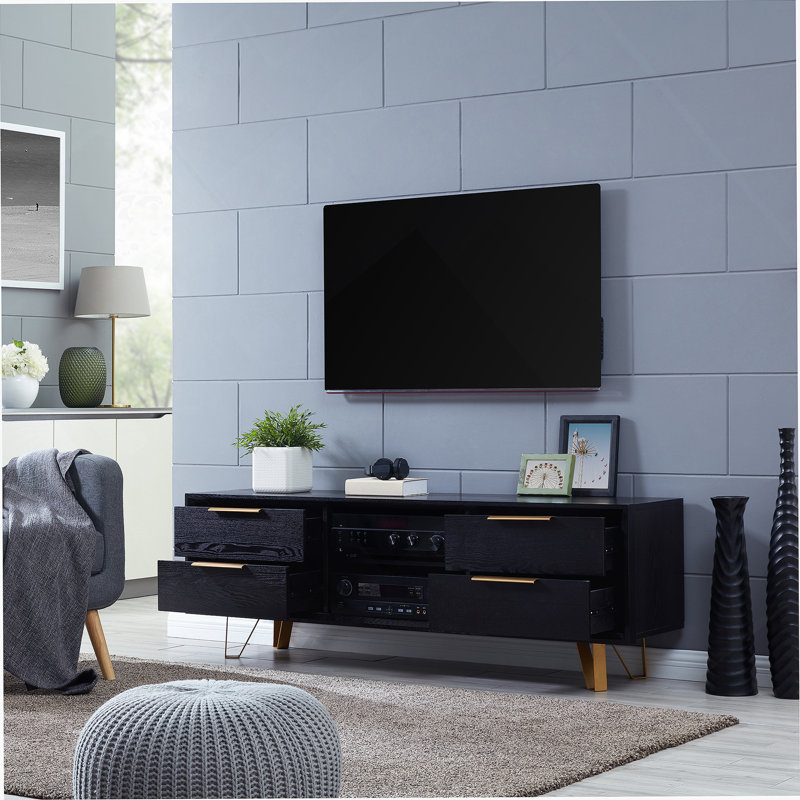 Meuble télé avec quatre tiroirs et deux tablettes ouvertes