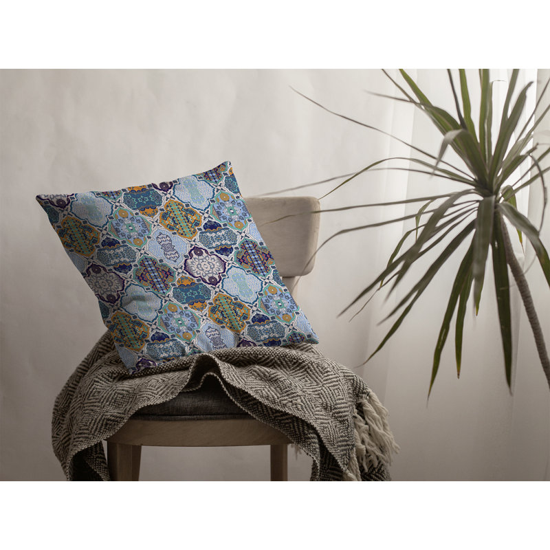 Leather/Suede Throw Pillow, 20" x 20", Light Blue/Brown, Canvas