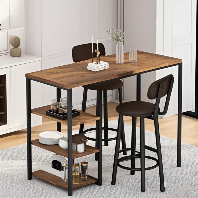 Bar Table Set For 2, 3 Piece Bar Table Set, Bar Table And Chairs Set With PU Upholstery Stool And 3 Open Storage Shelves, Pub Table Set For Kitchen, Brown
