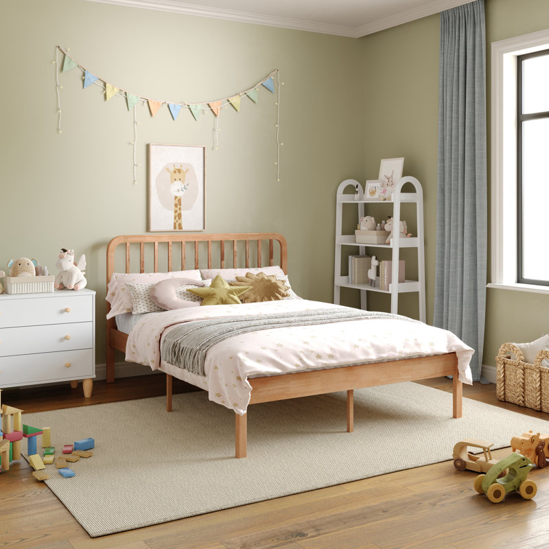 Aurey Wooden Platform Bed Frame With Slatted Headboard And Wood Slat Foundation, Tan, Full
