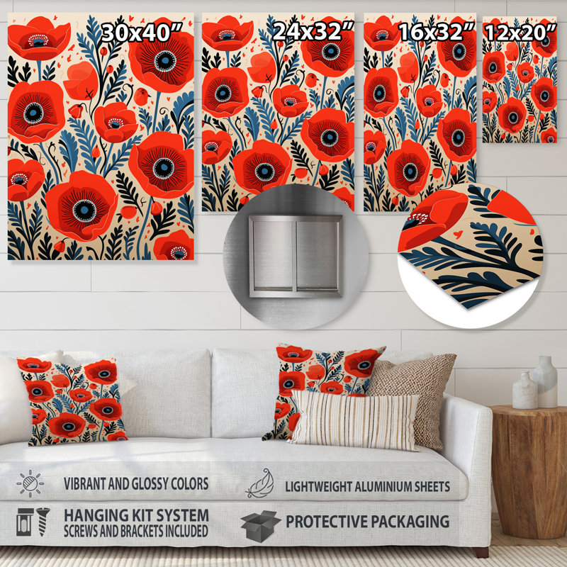 Blooming Poppies - Illustration rétro - coquelicot, H 40 po x l 30 po, Sans cadre, métal