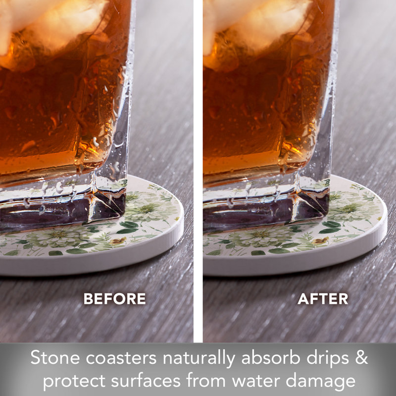 Green Fields 4 Pack Round Single Image Absorbent Stone Coasters 4” Diameter