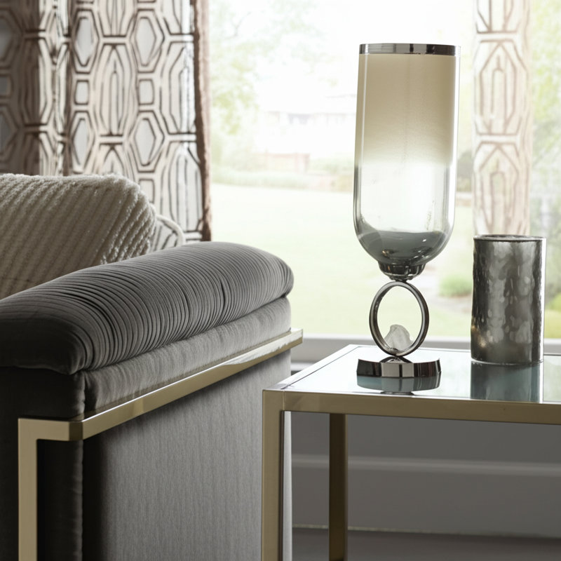 Decorative Glass Vase with Metal Stone and Aluminum Base Featuring Modern Circular Accent Design, 17" H x 6" W x 6" D