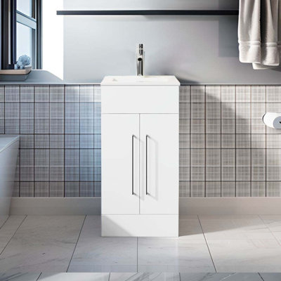 Armoire de salle de bain moderne autoportante avec lavabo encastré blanc à 2 portes Goodino