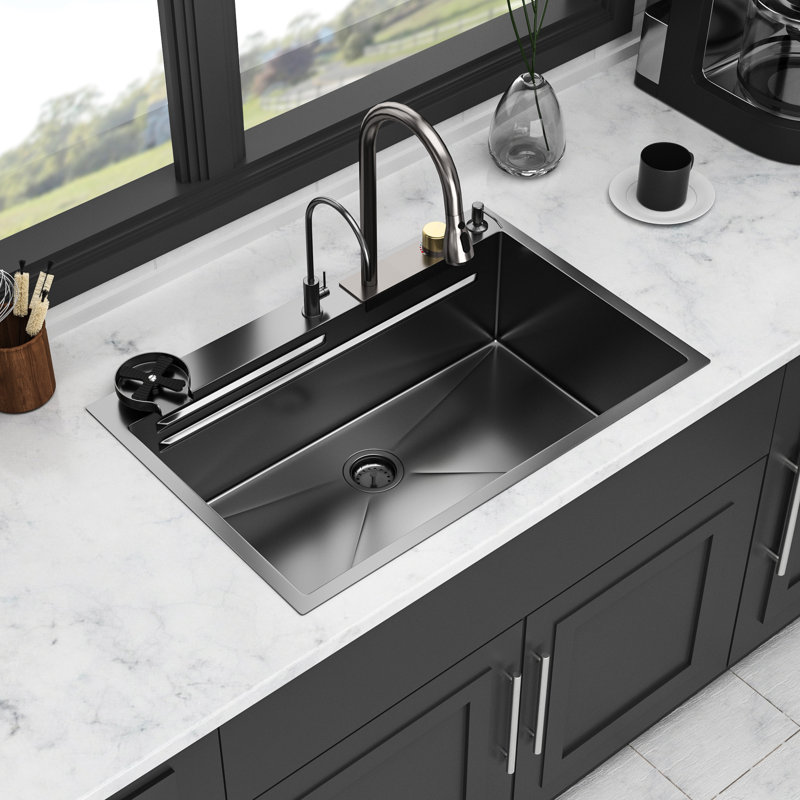 Gunmetal Black Drop-In Waterfall Kitchen Sink 33*22 Inch 16 Gauge Stainless Steel With Pull-Out Faucet, Cup Washer & Cutting Board