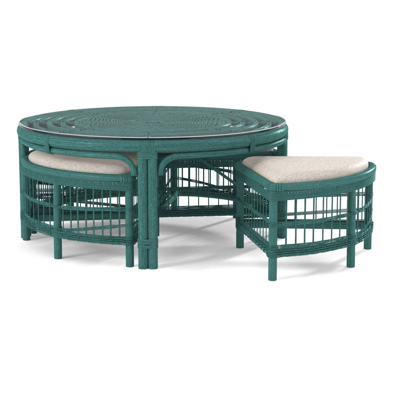Raffles Rattan Cocktail Table with Benches, Havana, Snow Crypton Performance; 0884-91