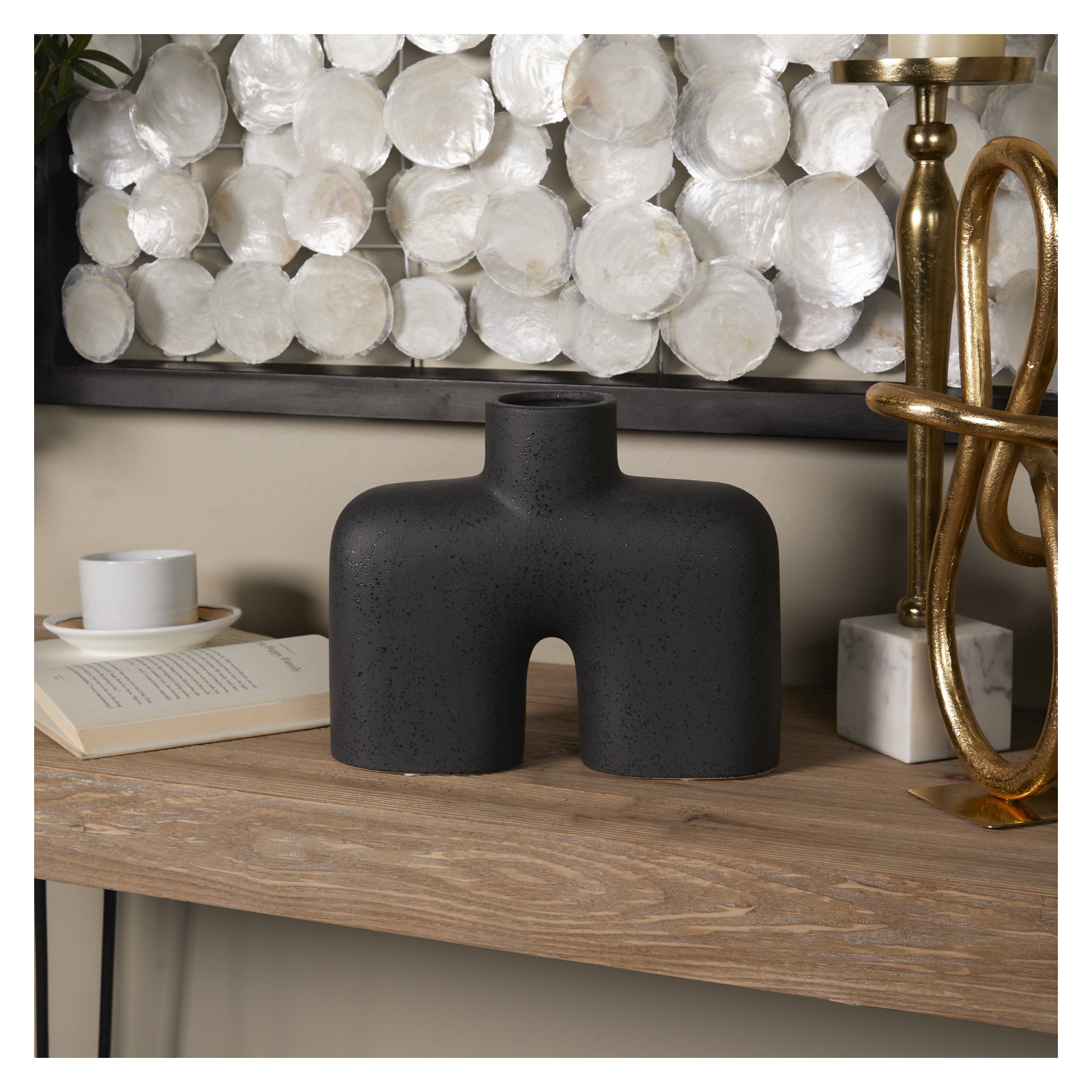 Sharee Stoneware Table Vase, Black, 9" H x 10.9" W x 3.55" D