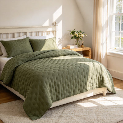 Olive Green Quilt Set Queen Size Linen-Like Textured Coverlet