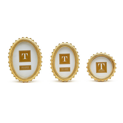 Gold Falcate Set of 3 Photo Frames 8.5"H Resin Glass Round Square Rectangle Gold Finish
