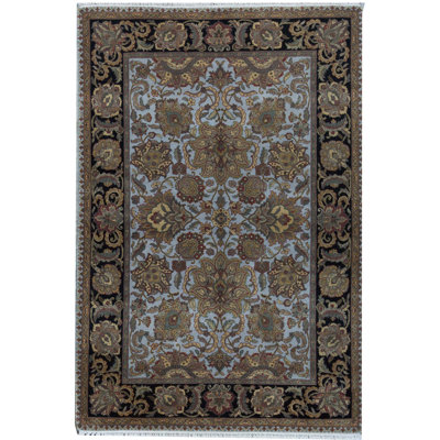 Tapis bleu clair et noir noué à la main de haute qualité