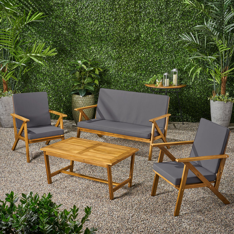 Ensemble de conversation d'extérieur 4 pièces - bois, tissu imperméable, avec, 2 fauteuils club et table basse, coussins en tissu pour installation dans la cour, amusant
